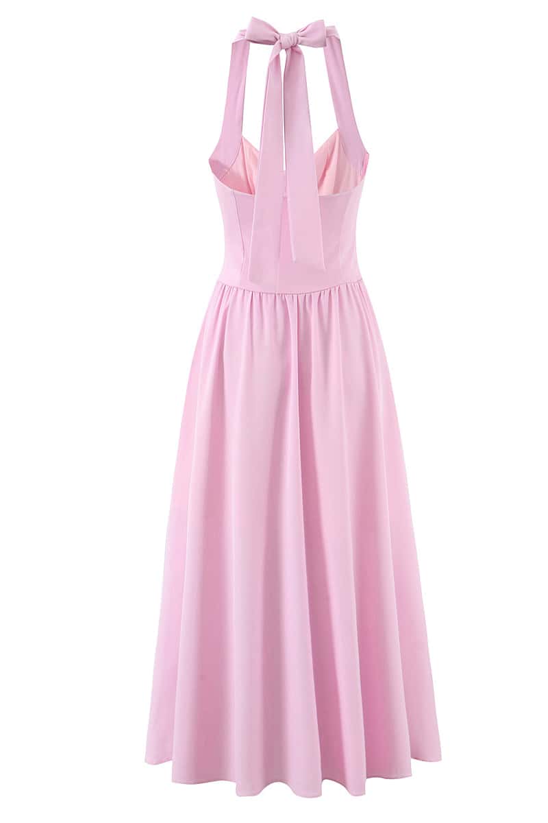 Halter Pink Midi Dress with Buttons