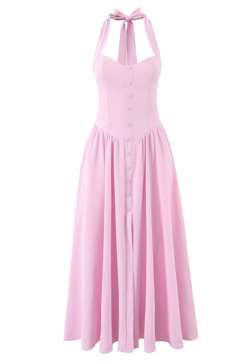 Halter Pink Midi Dress with Buttons