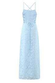 Straps Blue Lace Fitted Long Dress