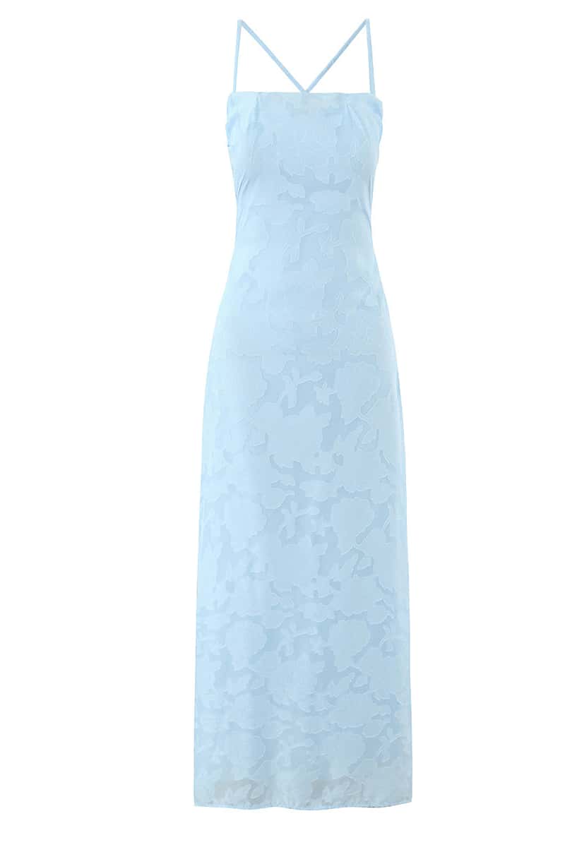 Straps Blue Lace Fitted Long Dress