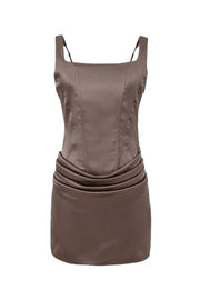 Square Neck Brown Ruched Short Party Dress