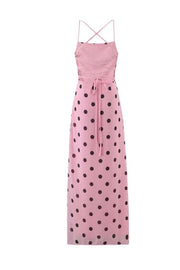 Straps Pink Polka Dots Fitted Long Dress