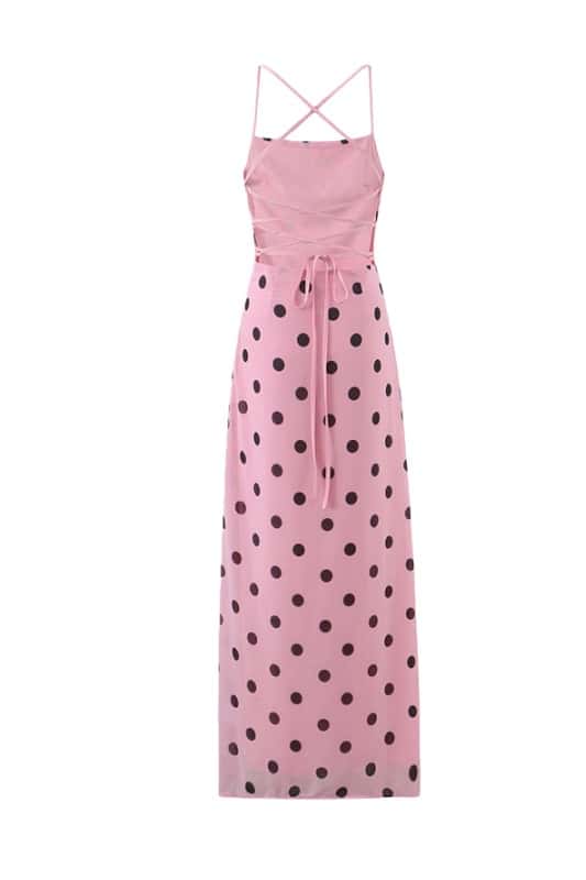 Straps Pink Polka Dots Fitted Long Dress