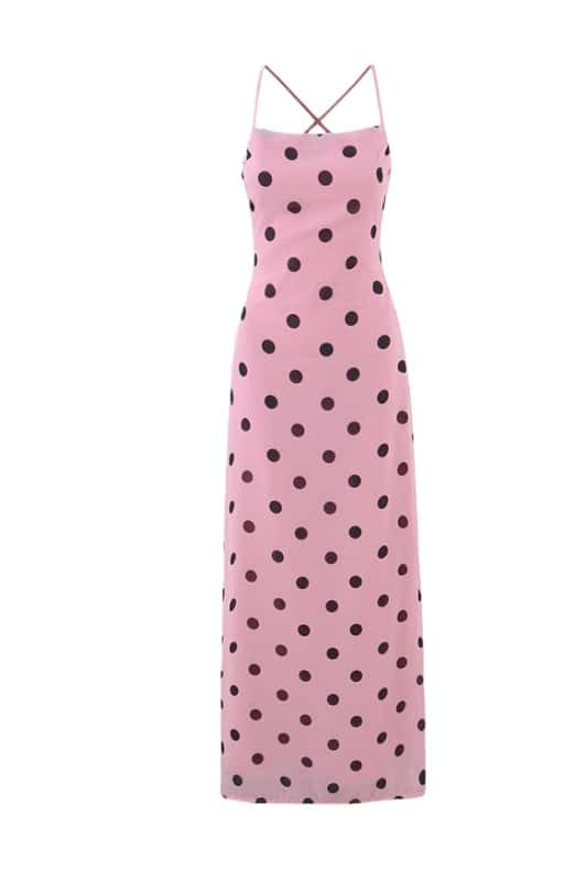 Straps Pink Polka Dots Fitted Long Dress