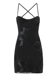 Yellow Floral Appliques Tight Short Dress