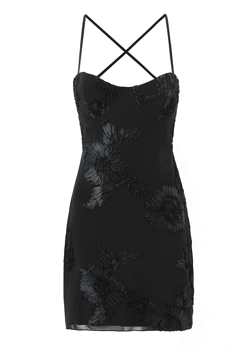 Yellow Floral Appliques Tight Short Dress