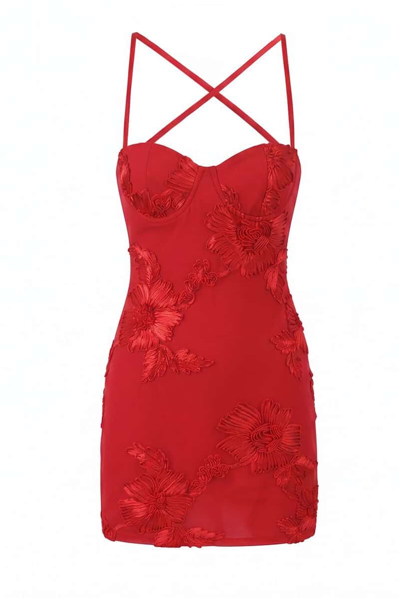Black Floral Appliques Tight Short Dress