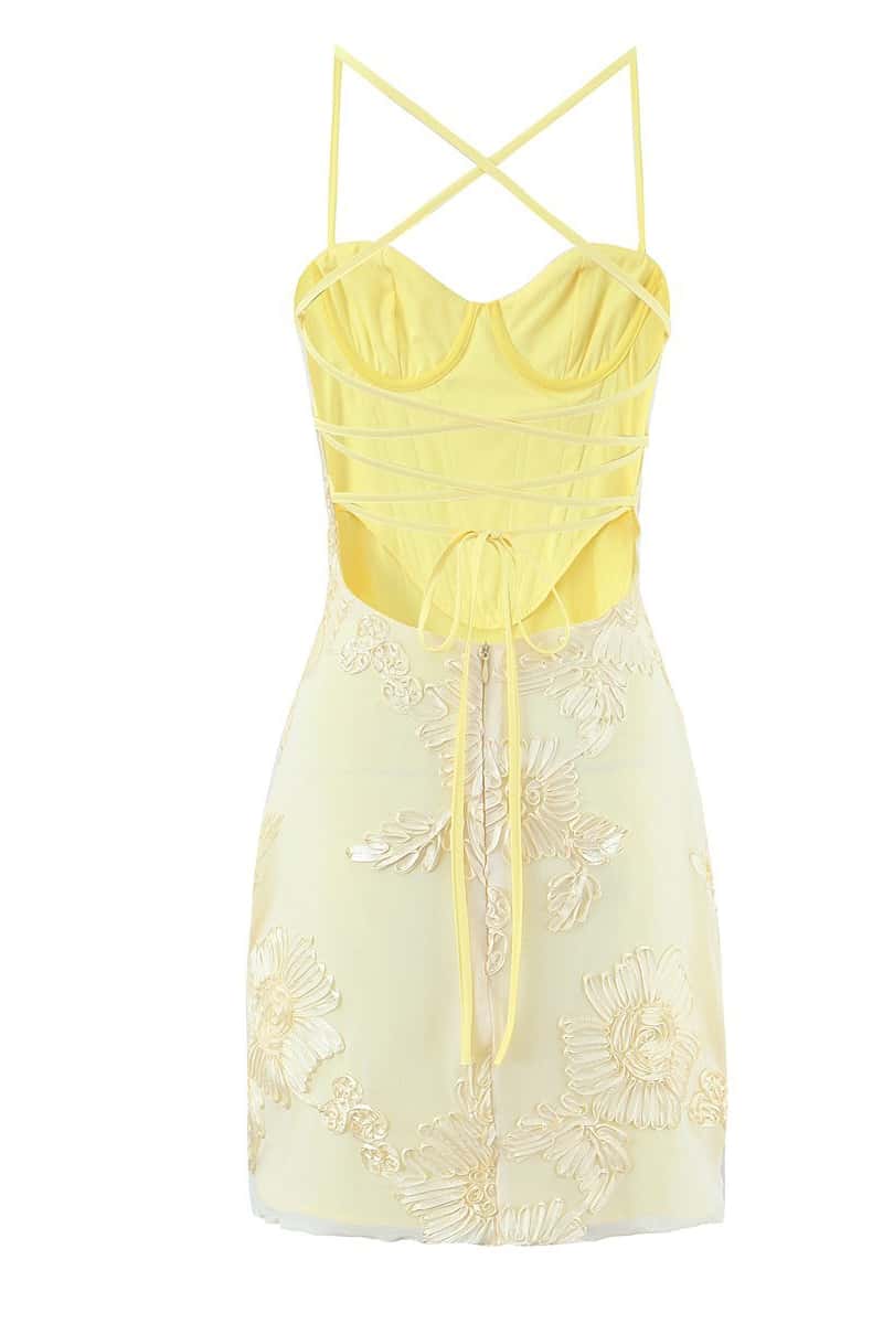 Yellow Floral Appliques Tight Short Dress