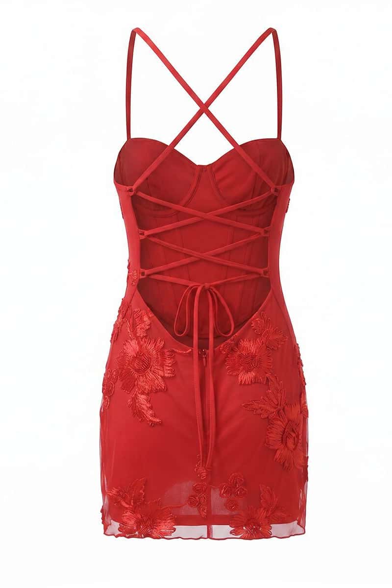Red Floral Appliques Tight Short Dress