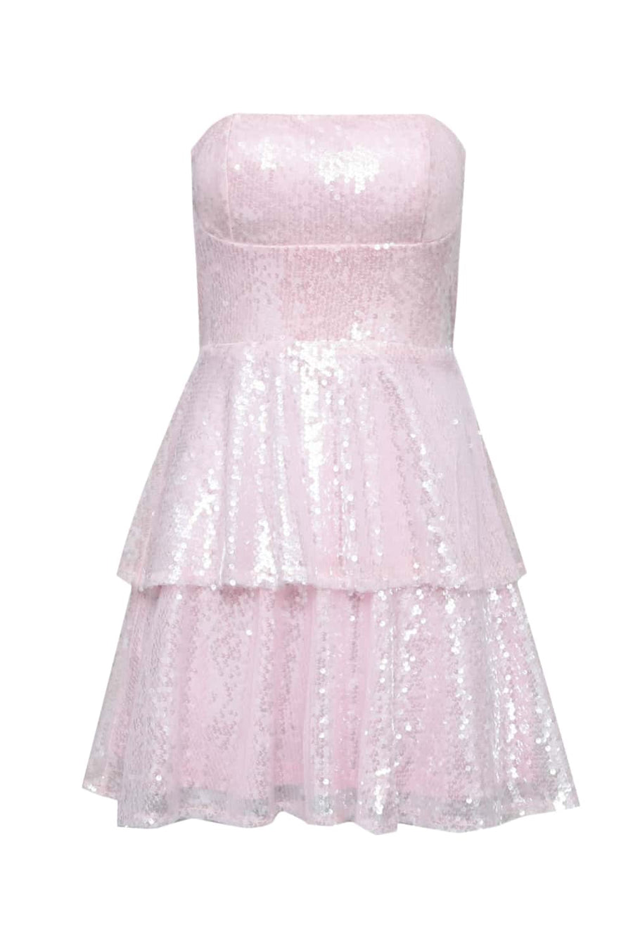 Strapless Pink Sequin Tiered Short Dress