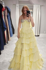 Light Blue Chiffon Ruffle Pearls Prom Dress