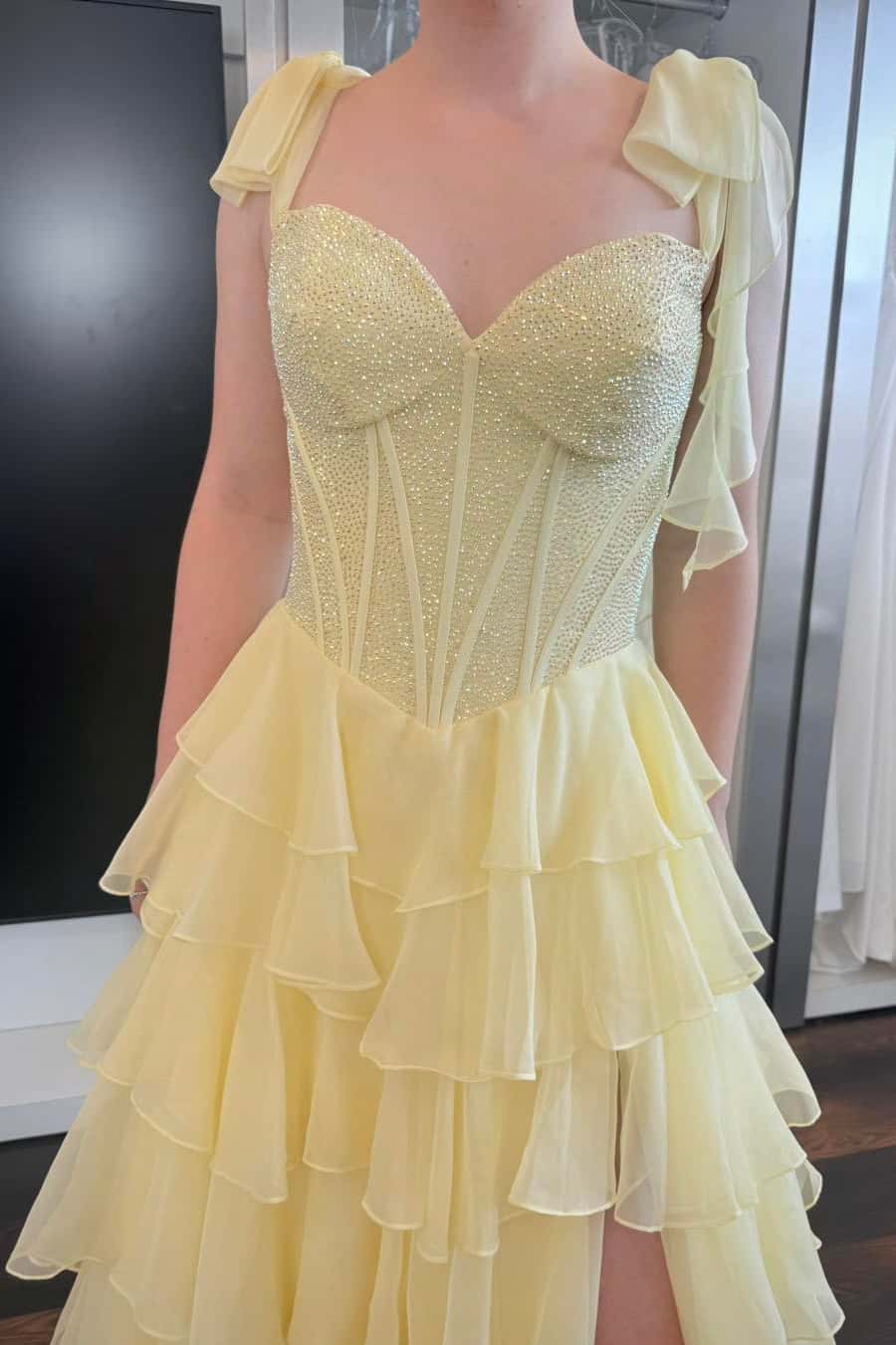 beauty and the beast prom dress Beaded Light Blue Chiffon Ruffle Slit Prom Dress – Ohmollydress