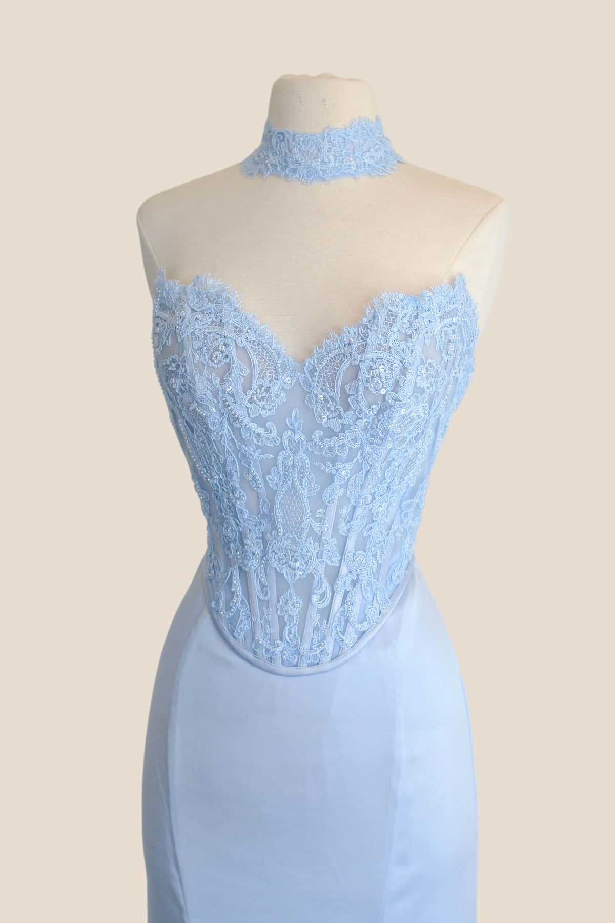 Blue Lace Corset Satin Mermaid Prom Dress
