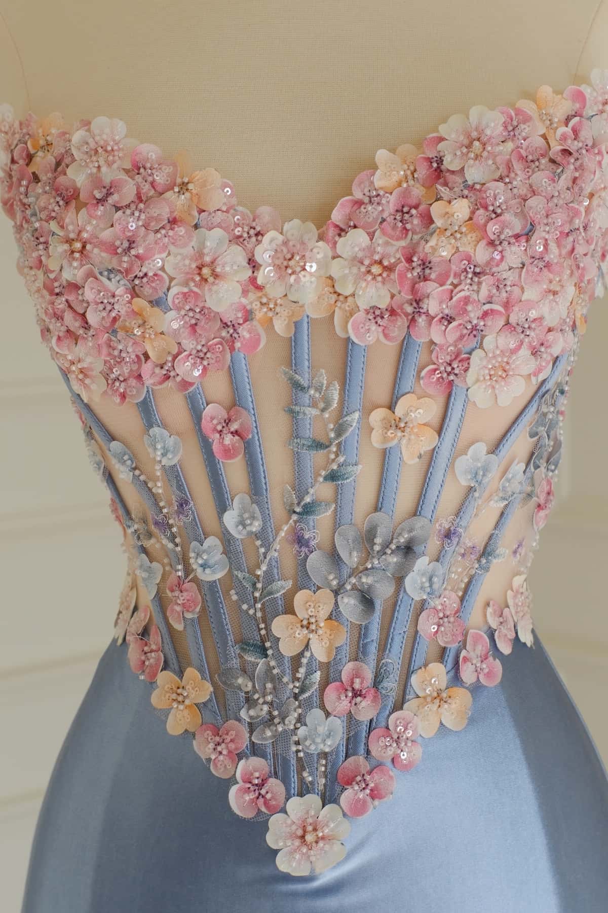 3D Flowers Blue Satin Mermaid Prom Dress