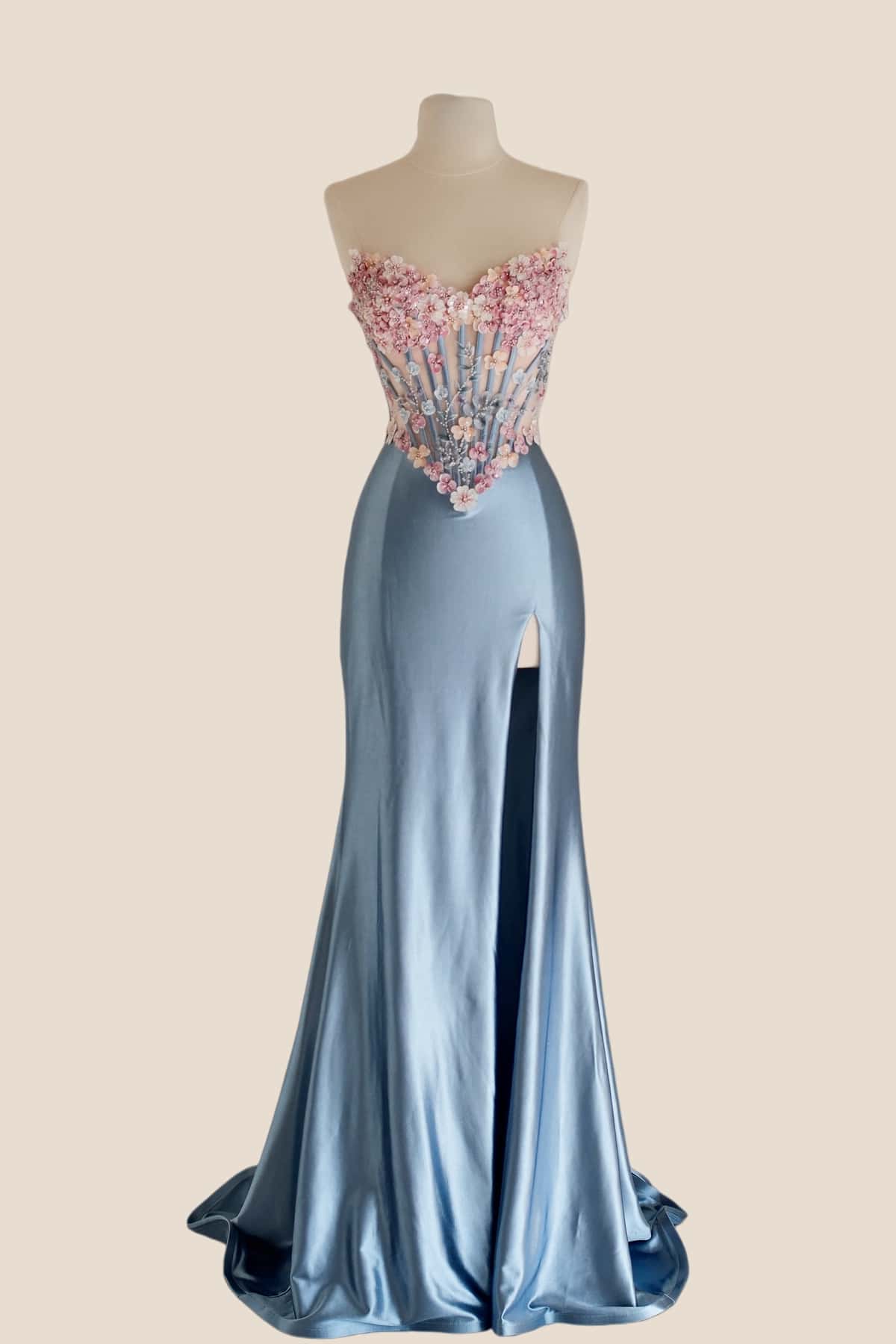 3D Flowers Blue Satin Mermaid Prom Dress Ohmollydress 3D Flowers Blue Satin Mermaid Prom Dress Ohmollydress