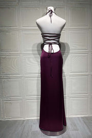 Halter Grape Satin Fitted Long Formal Dress