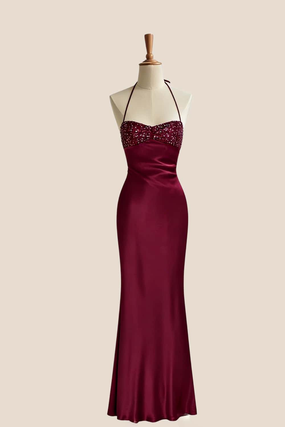Halter Grape Satin Fitted Long Formal Dress