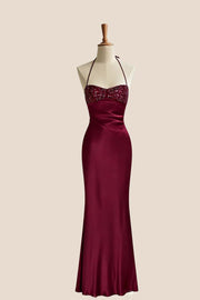 Halter Grape Satin Fitted Long Formal Dress