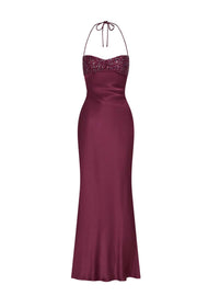 Halter Grape Satin Fitted Long Formal Dress