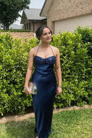 Halter Grape Satin Fitted Long Formal Dress