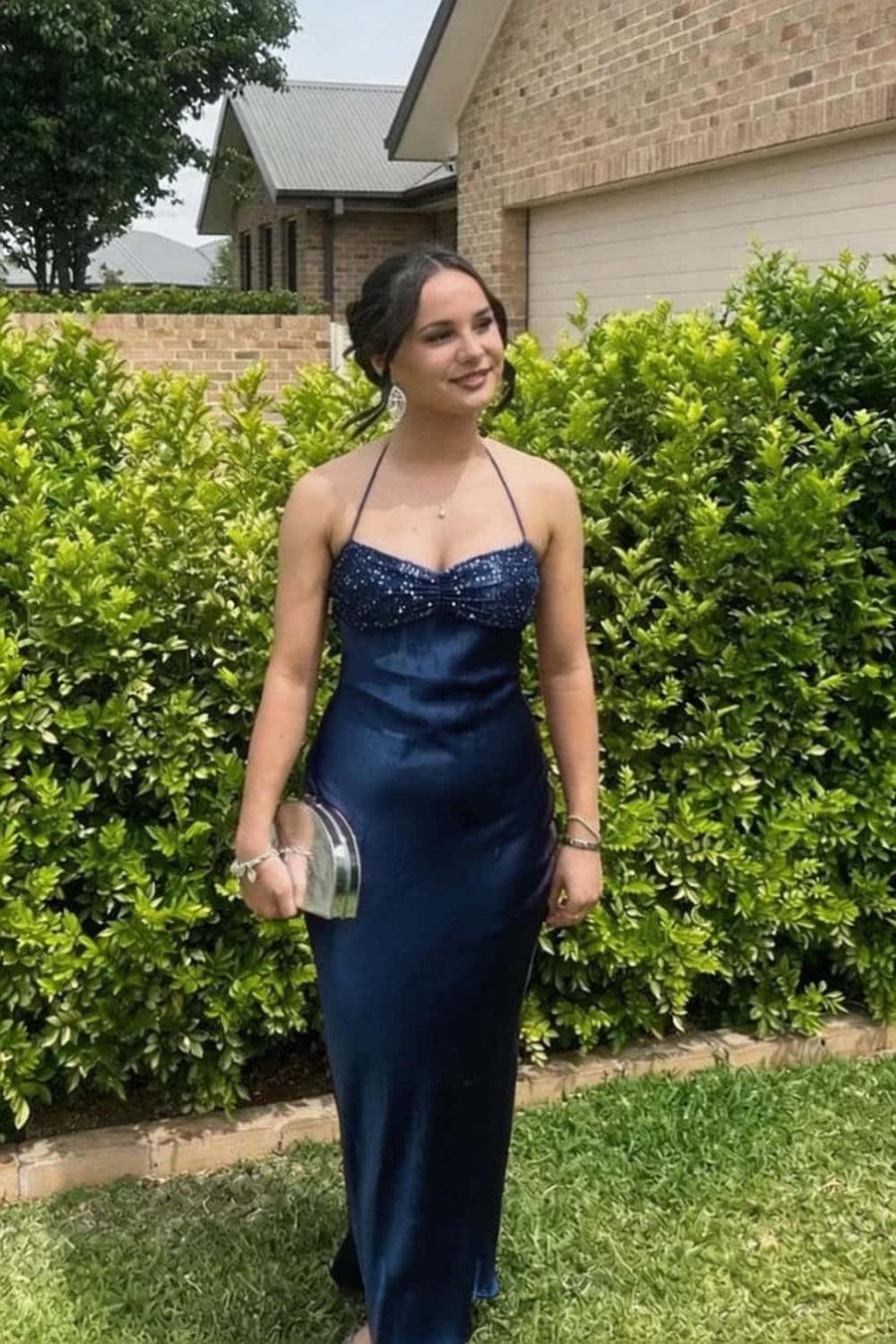 Halter Grape Satin Fitted Long Formal Dress