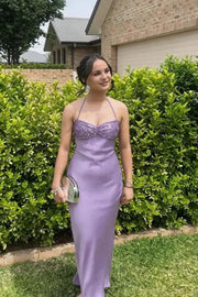 Halter Grape Satin Fitted Long Formal Dress