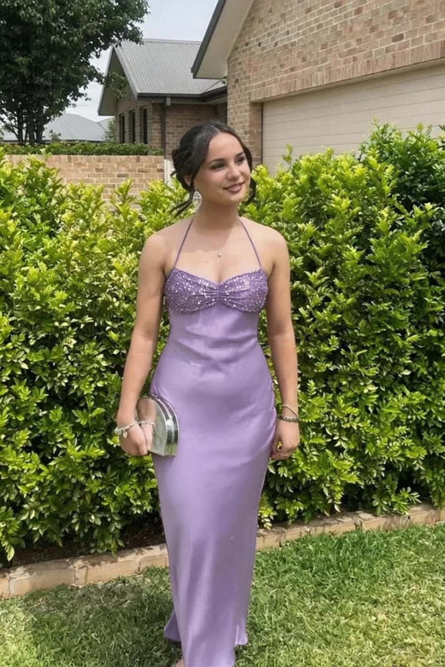 Halter Grape Satin Fitted Long Formal Dress