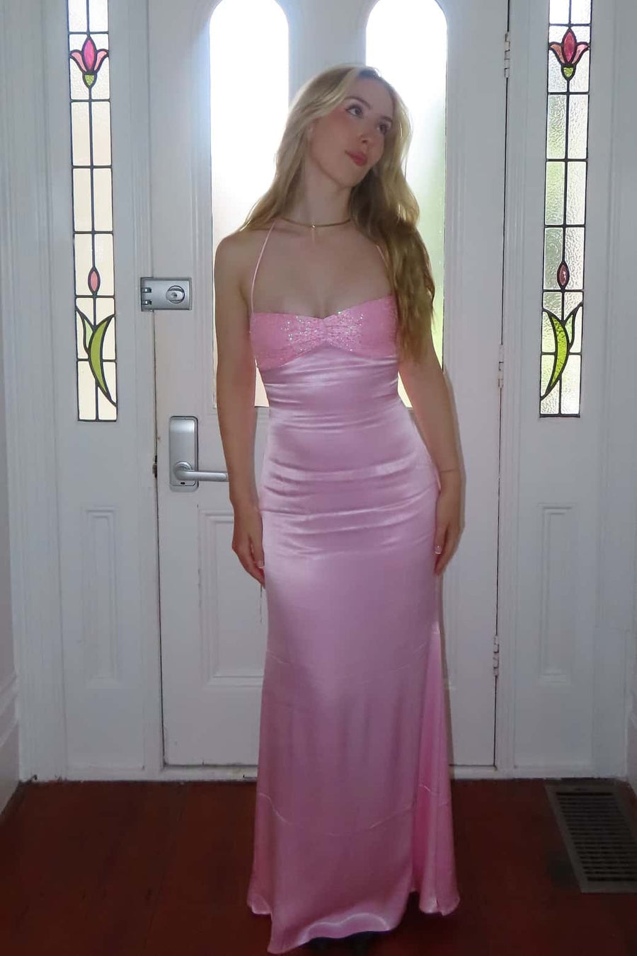 Halter Pink Satin Fitted Long Formal Dress Ohmollydress Halter Pink Satin Fitted Long Formal Dress Ohmollydress