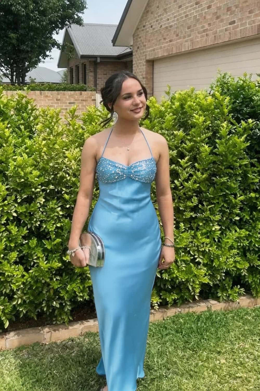 Halter Grape Satin Fitted Long Formal Dress