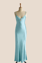 Teal Satin Cutout Fitted Long Dress