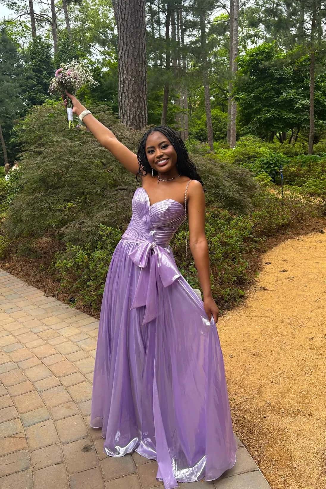 Ruched Purple Metallic A-line Prom Dress