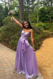 Ruched Purple Metallic A-line Prom Dress