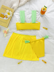 Yellow Strap 3-Piece Bikini Set with Skirt