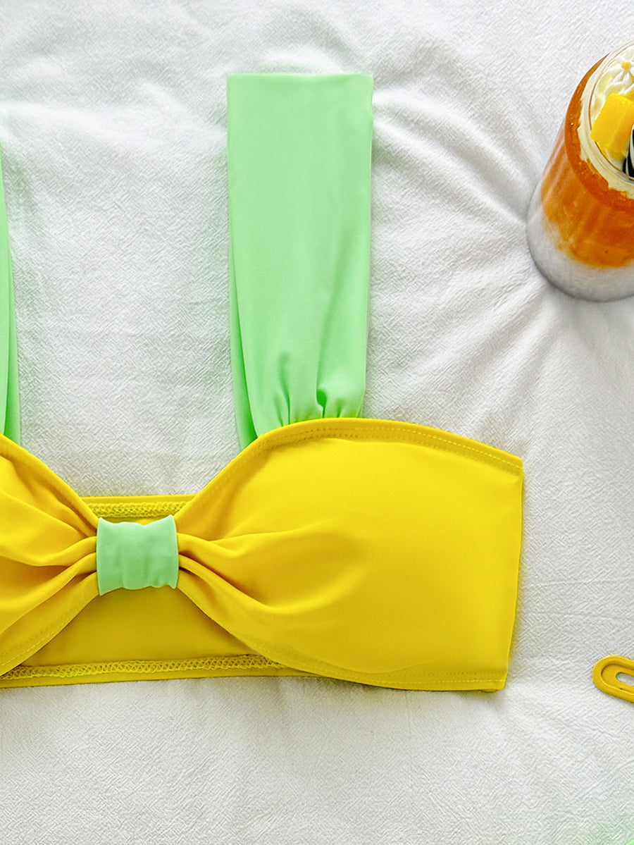 Yellow Strap 3-Piece Bikini Set with Skirt