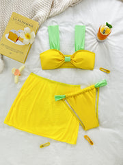 Yellow Strap 3-Piece Bikini Set with Skirt