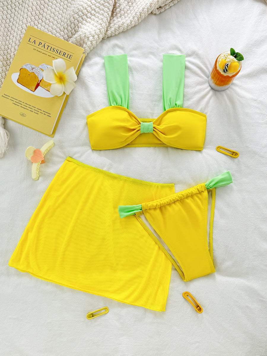 Yellow Strap 3-Piece Bikini Set with Skirt