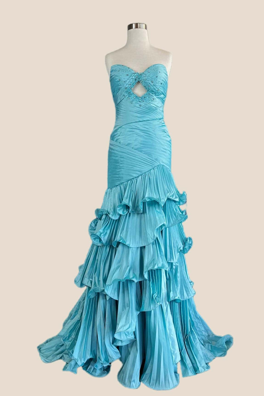 Blue Pleated Keyhole Mermaid Ruffle Prom Dress