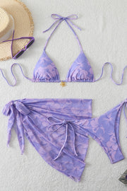 Blue Chiffon Print Three-Piece Bikini Set