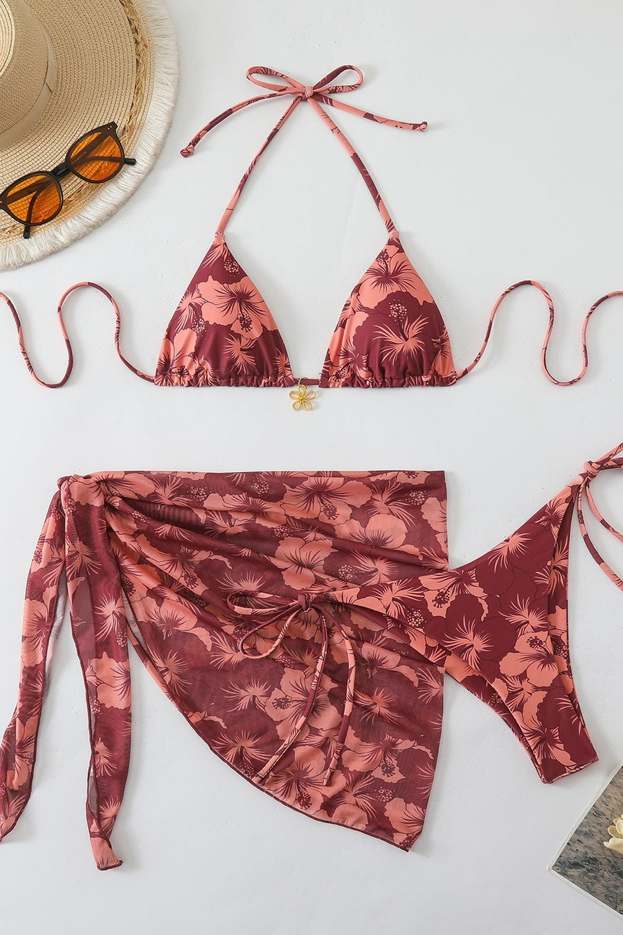 Blue Chiffon Print Three-Piece Bikini Set