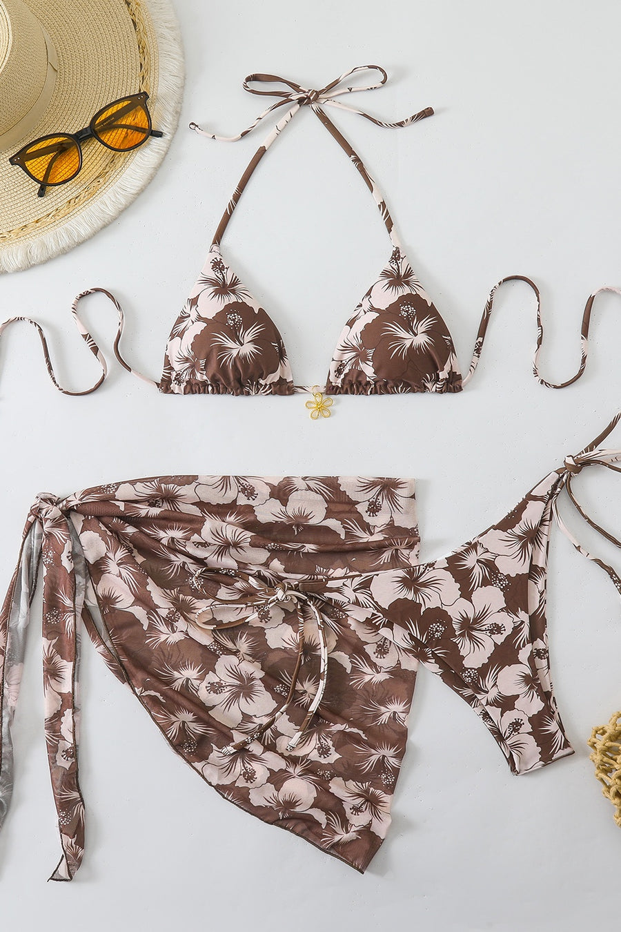 Blue Chiffon Print Three-Piece Bikini Set
