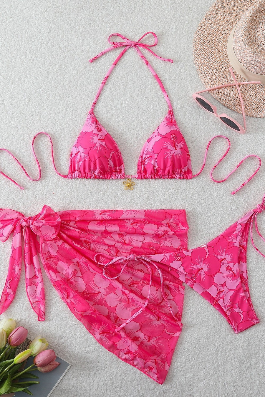 Blue Chiffon Print Three-Piece Bikini Set