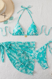 Blue Chiffon Print Three-Piece Bikini Set