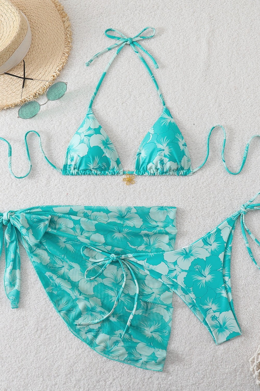 Blue Chiffon Print Three-Piece Bikini Set