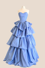 Blue Corset A-line Ruffle Prom Gown