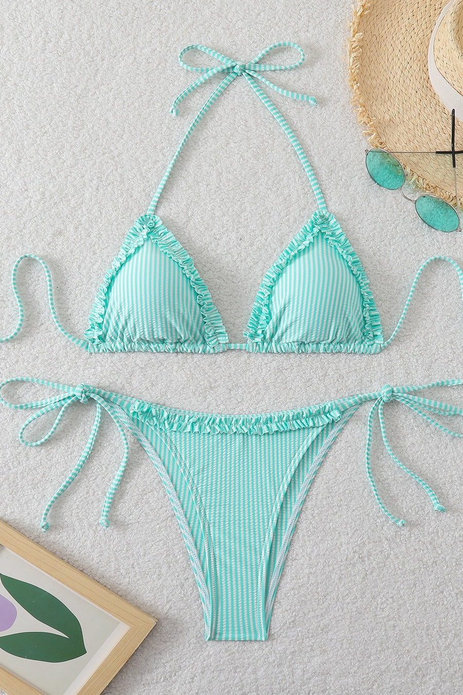 Red Halter Striped Two-piece Bikini Set