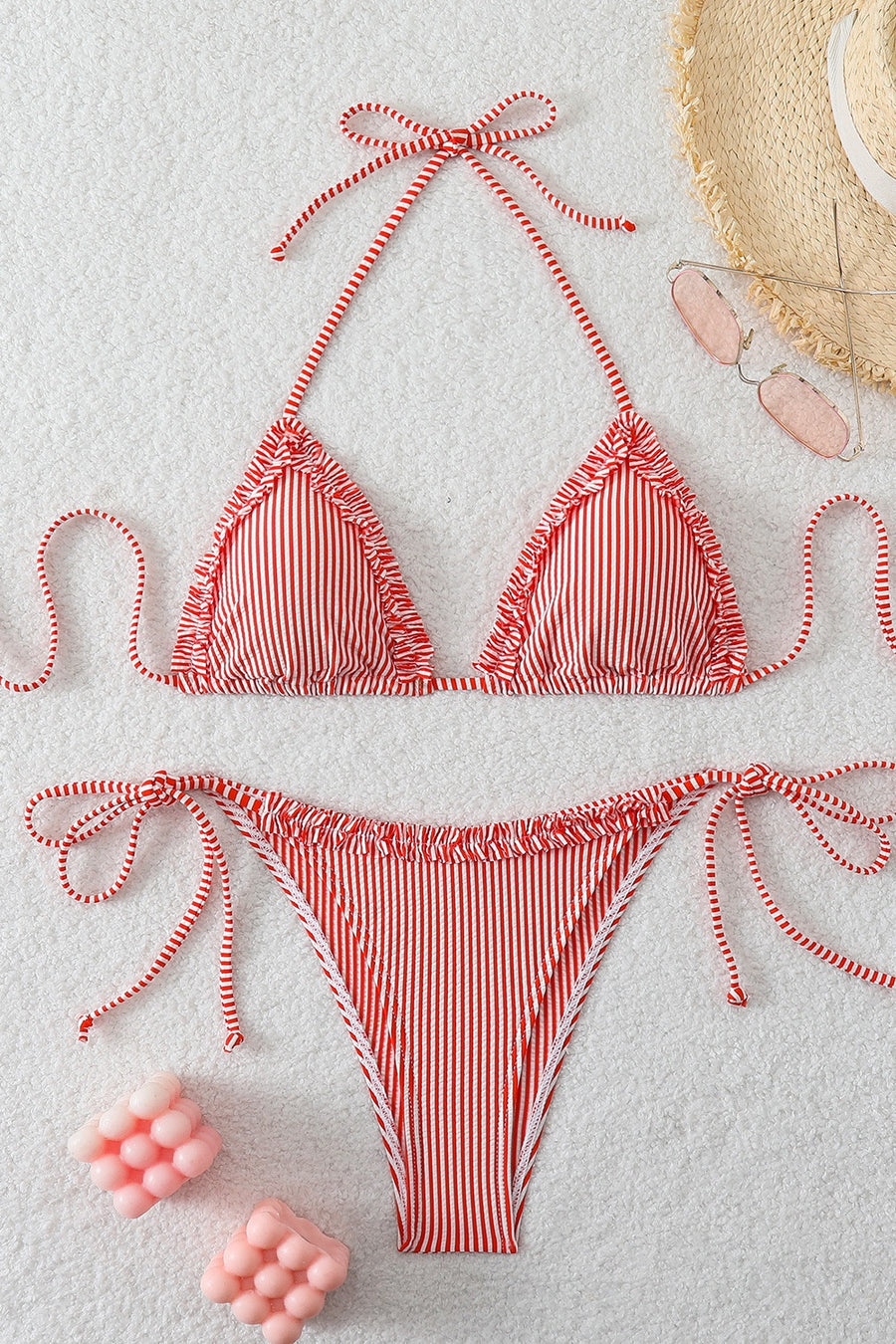Red Halter Striped Two-piece Bikini Set