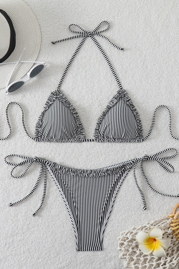 Red Halter Striped Two-piece Bikini Set