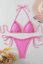 Red Halter Striped Two-piece Bikini Set