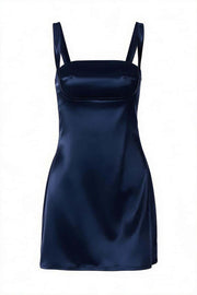 Navy Blue Satin Square Neck Short Dress