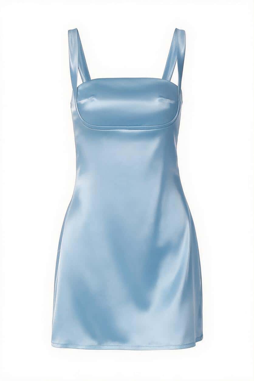 Navy Blue Satin Square Neck Short Dress